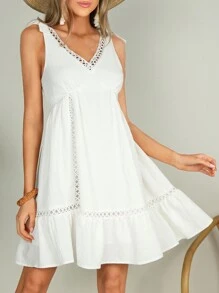 SHEIN VCAY Solid Color Hollow Out Patchwork Ruffle Trim Vacation Dress For Women, Women Cruise Outfit - White - View 4