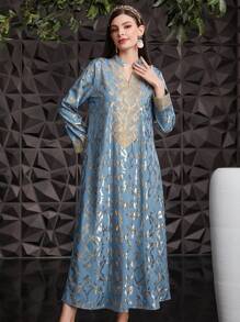 SHEIN Najma Women's Golden Print Floral Long Sleeve Arabian Dress, Modest Kaftan - Blue - View 6