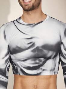 FeverCity Men's Knitted Print Casual Crop Top T-Shirt - Black and White - View 4