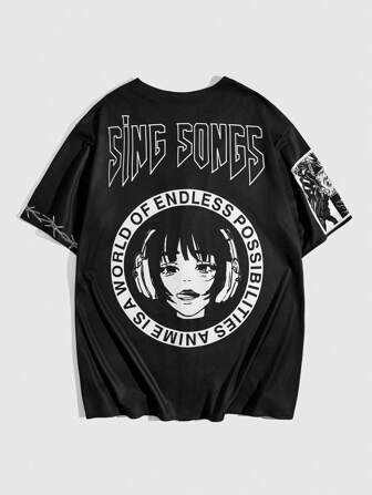 Grunge Punk Chemise À Manches Courtes Pour Hommes Avec Lettres Et Imprimé De Personnage De Dessin Animé