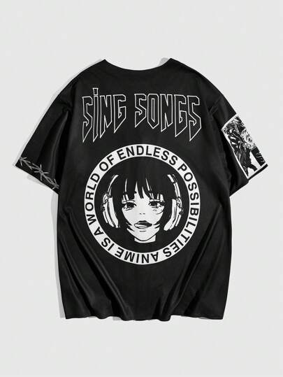 Grunge Punk قميص رجالي بأكمام قصيرة بطباعة حرف وشخصية كرتونية