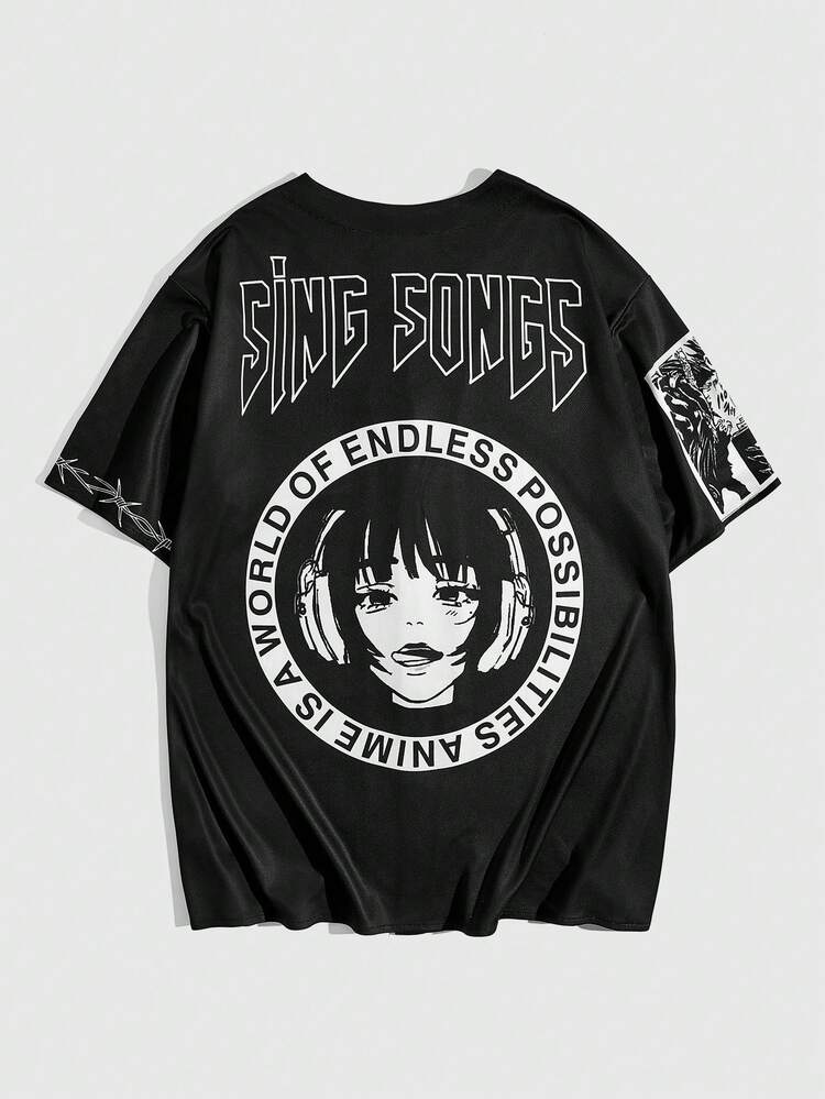 Men's Short Sleeve Shirt With Letter And Cartoon Character Print