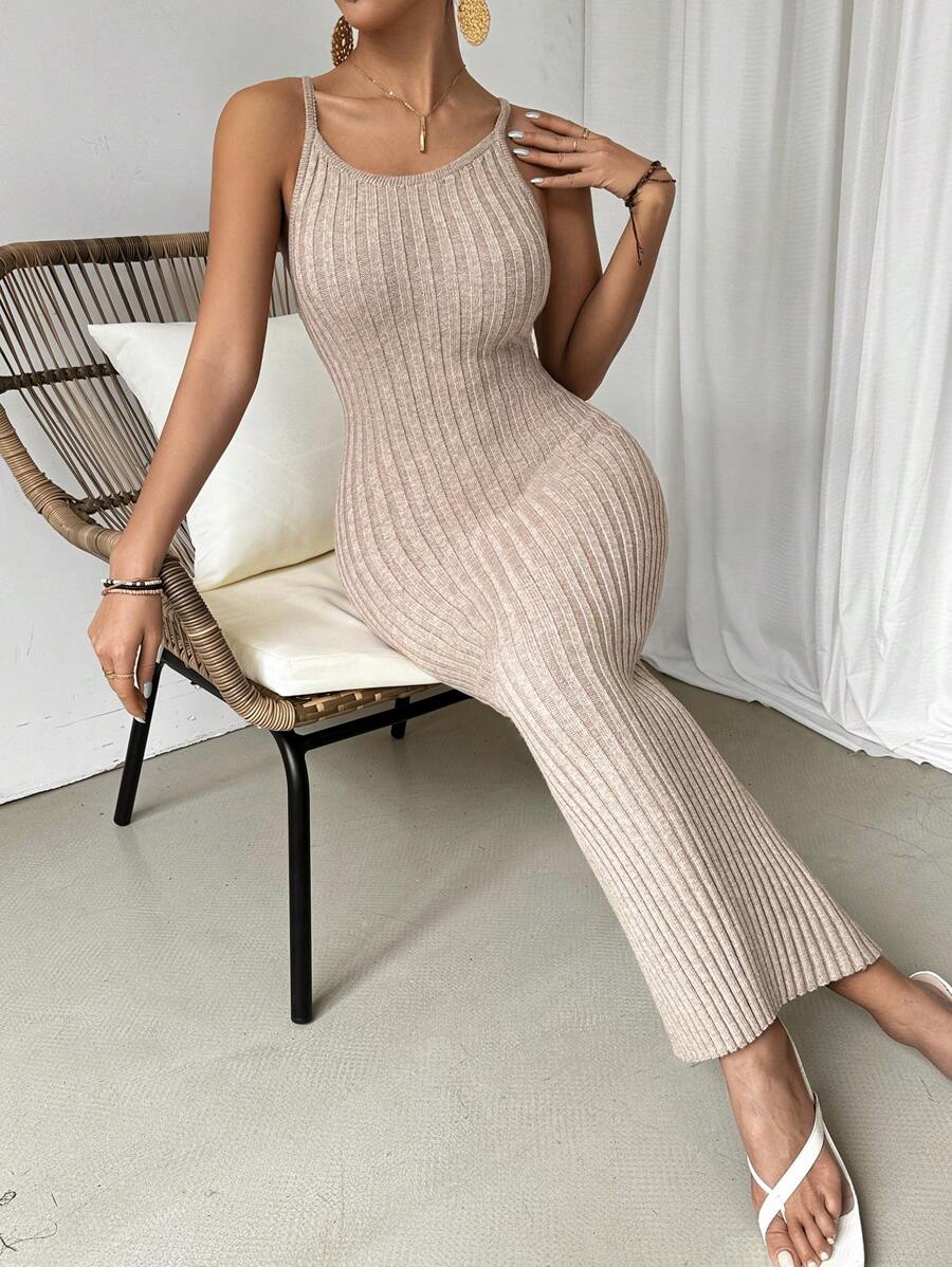 Chiquease Solid Ribbed Knitted Slim Fit Spaghetti Strap Dress - Apricot - View 1