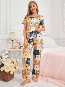 Women's Cute Bear Patterned Casual Pajama Set