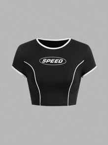 SHEIN EZwear 女款多色鑲邊與字母印花短版 T 卹套裝