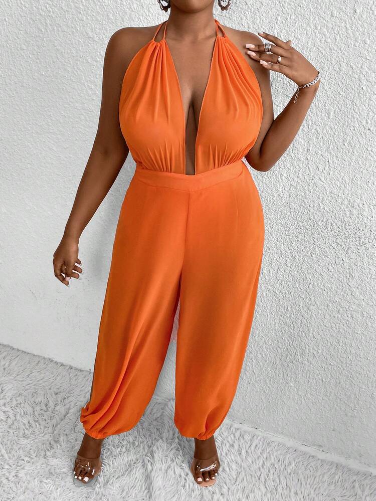 Plus Size Women's Pleated Halter Neck Jumpsuit
