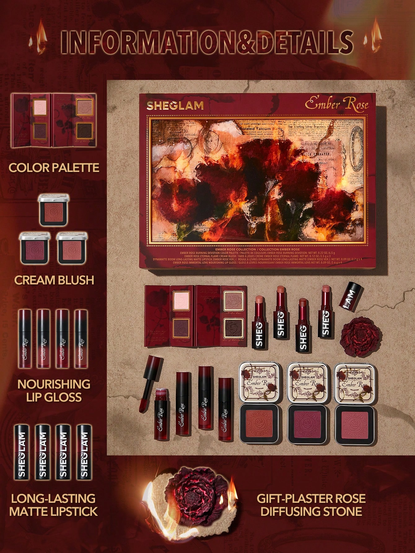 SHEGLAM مجموعة إمبر روز هدية عيد الحب ملمع شفاه ور...