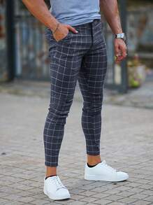 Men Grid Print Slant Pocket Skinny Trousers - Navy Blue - View 4