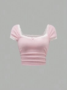 Sweetra Waffle Lace Patchwork T-Shirt Y2K Outfit 