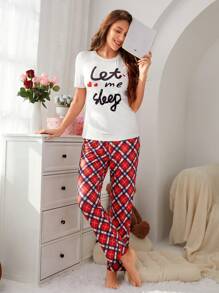 Women's New Classic Red & Black Grid Printed Pants With Letter Printed Round Neck Short Sleeve T-Shirt Two Pieces Set For Home - Multicolor - View 5