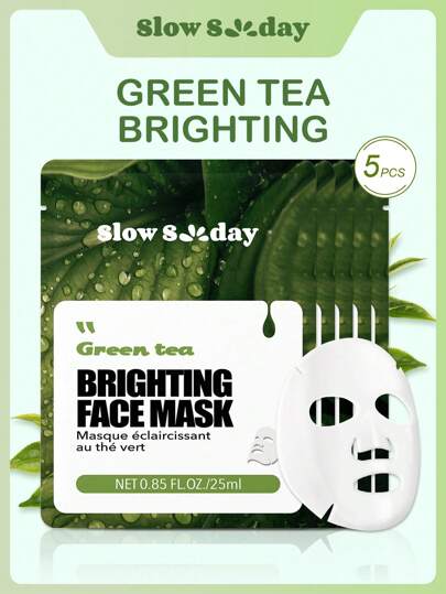 SlowSunday 5PCS Green Tea Face Mask, Natural Plant Extract Series, Hydrating, Moisturizing, Anti-Aging, Brightening, Soothing, Korean Mask, For Woman, Men, Hydrates And Nourishes, Deeply Hydrates And Soothes Skin, K Beauty, For Valentine's Day, Valentines Gift, Valentines Day Gift, Ideal For Party