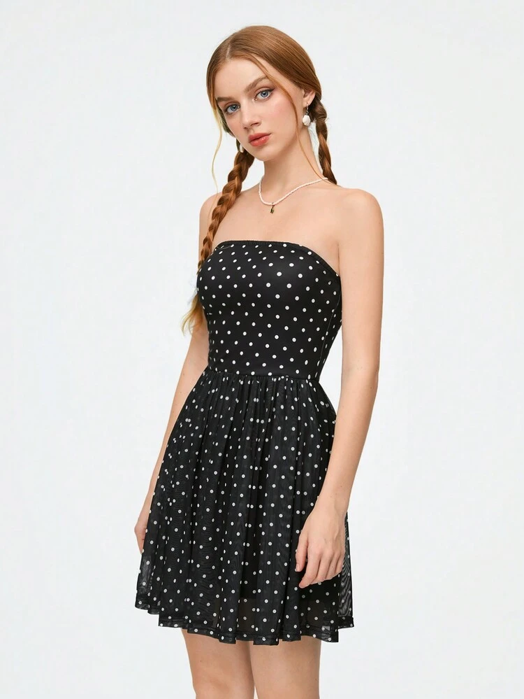 Polka Dot Strapless Casual Short Dress