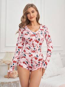 Của phụ nữ Đơn giản & Đúng mốt Màu hồng Tay áo dài Quả cherry In Romper Đồ ngủ - Nhiều màu - Xem 6