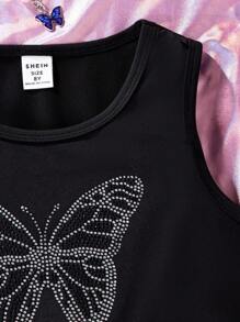 SHEIN Explorewe Tween 女孩蝴蝶水鑽裝飾背心 - 黑色 - 查看 4