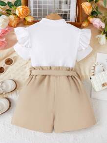 Tween Girl's Short Sleeve T-Shirt With Stand Collar, Ruffle Trim And Shorts Set - Multicolor - View 2