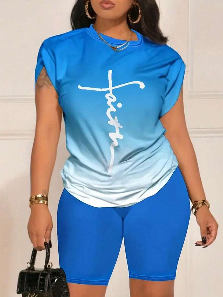 Women'S Plus Size Ombre Letter Print T-Shirt And Solid Color Shorts Set