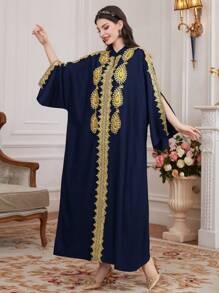 Al Najma Women's Gold Braided Belt Splice Open Sleeve Arabic Style Kaftan Dress, Elegant Evening Party Dress - Navy Blue - View 6