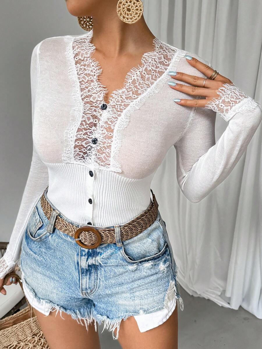Chiquease Women's Lace Patchwork Long Sleeve Cardigan - White - View 1