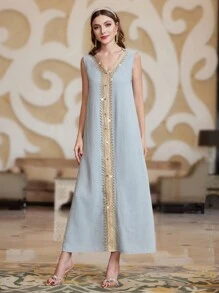 Al Najma 女士兩件套裝：拼接編織腰帶風衣和無袖連衣裙 - 霧霾藍 - 查看 4