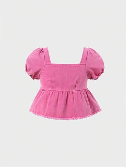 少女时尚方领泡泡袖宽松舒适粉色露脐上衣