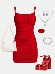 SHEIN Teen Girl Knitted Mesh Ruffle Casual Cami Dress - Red - View 1