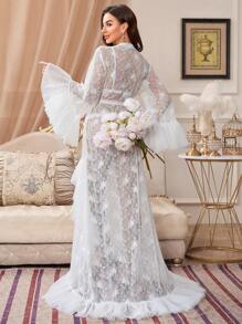 Slumberist Women's Mesh Decorated Patchwork Lace Sheer Belted Robe - White - View 3