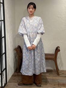 FRIFUL 全印花泡泡袖V领连衣裙吊带裙度假装女式花卉 - 彩色 - 查看 8