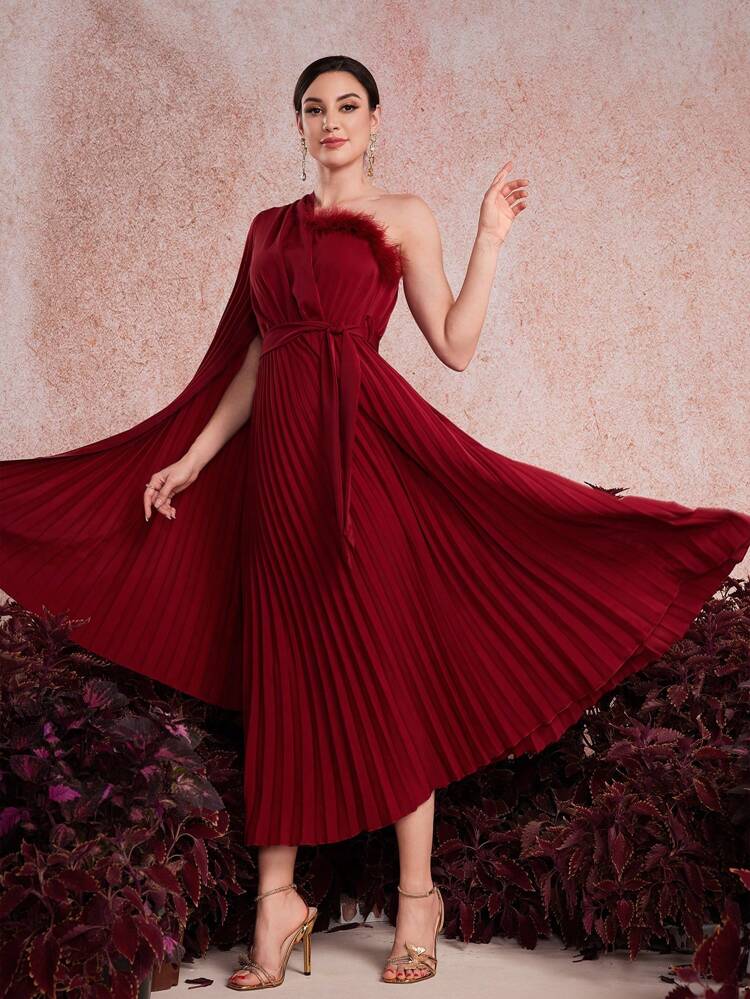 Burgundy Red Women's One-Shoulder Cape Sleeve Fuzzy Trim & Pleated Detail Dress Long Evening Dresses