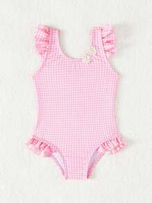 SHEIN 寶寶女孩一件式泳衣,使用特殊布料製成,粉色與白色相間的方格圖案裝飾著花朵,非常可愛 - 粉色 - 查看 5