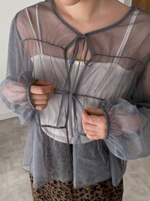 FRIFUL Women's Lantern Sleeve Mesh Top With Front Tie Sheer