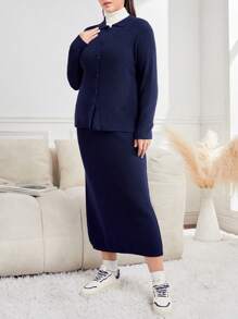 Mulvari Plus Size Women's Solid Color Cardigan And Knitted Skirt Set 2 Piece Set - Navy Blue - View 3