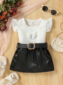 Baby Girl Street Style Polka Dot Flutter Sleeve Shirt And Glossy Faux Leather Skirt Set, Fashionable And Cute For Spring And Summer - Multicolor - View 4