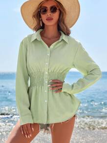 GENKIRA 女士紋路波浪折疊設計長袖襯衫 - 青碧色 - 查看 5