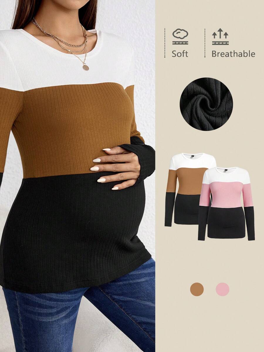 SHEIN Thai sản Khối màu Đồ đan Ribbed Áo thun - Nhiều màu - Xem 1