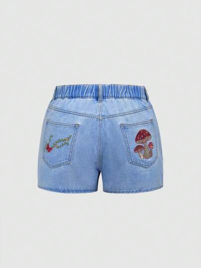 Fairycore Plus Butterfly & Mushroom Embroidery Denim Shorts