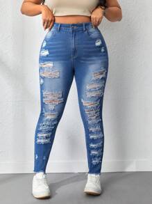 SHEIN EZwear 有磨損細節的加大碼貼身牛仔褲 - 藍色 - 查看 1