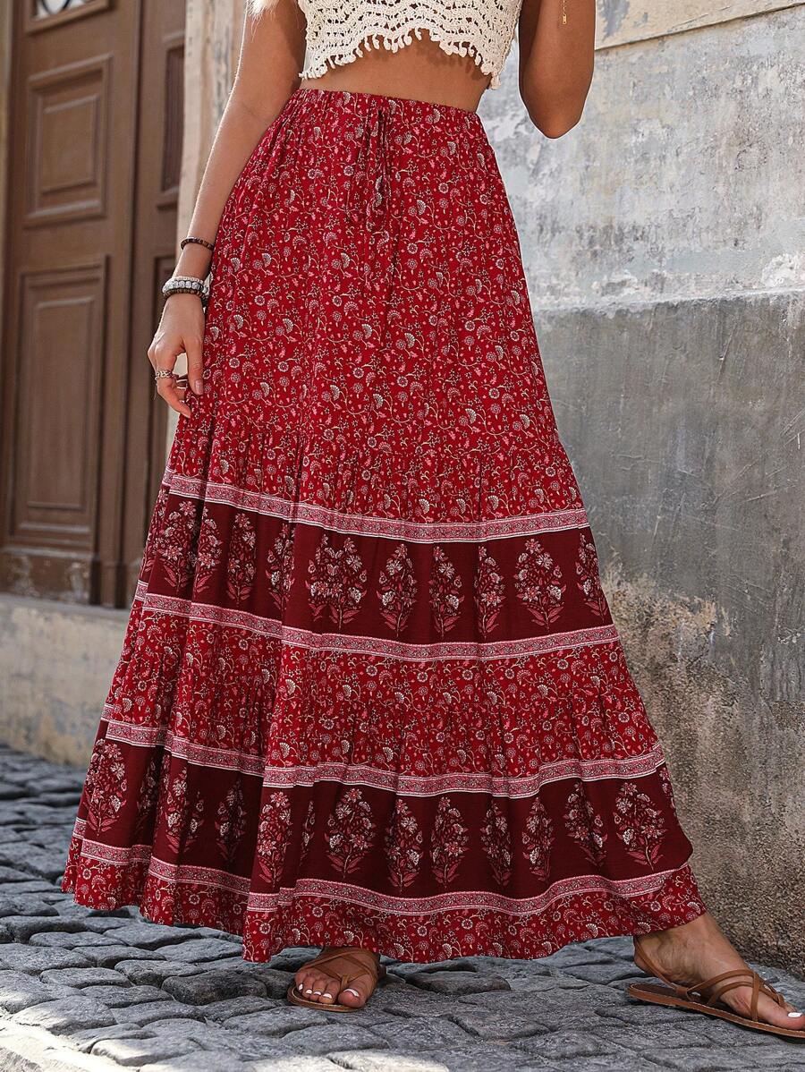 SHEIN LUNE Women's High Waist Skirt With All-Over Print Maxi Women Outfit Fall Cloth For Women - Redwood - View 1