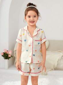 Young Girl Heart Print Shorts And Short Sleeve Top Simple And Stylish Home Wear Two-Piece Set