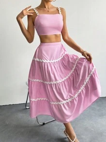 Chiquease Women's Contrast Trim Cami Top And Skirt Set - Baby Pink - View 5