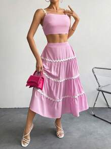 Chiquease Women's Contrast Trim Cami Top And Skirt Set - Baby Pink - View 6