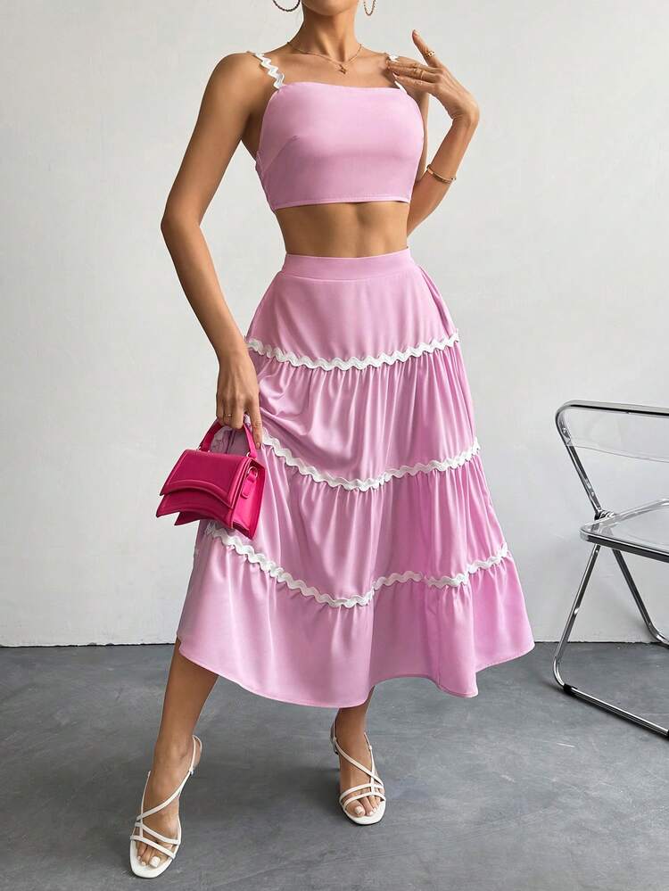 Women's Contrast Trim Cami Top And Skirt Set