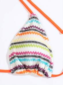 SHEIN Swim 女士吊带波浪条纹分体比基尼套装（配系带）夏季海滩 - 彩色 - 查看 7