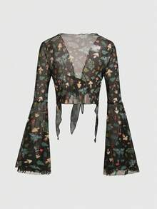 ROMWE Fairycore 女士田園蝴蝶結印花喇叭袖半透明上衣 - 彩色 - 查看 2