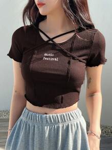 DAZY Letter Embroidery Criss Cross Crop Tee - Coffee Brown - View 1