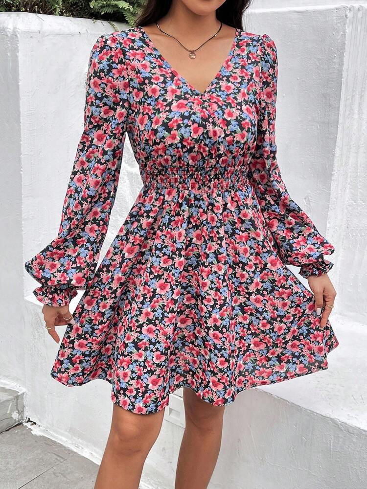 Women's Valentine's Day Shirred Waisted Back Tie Up Lantern Sleeves Floral Printed Summer Dress Winter Vacation Flower Beach