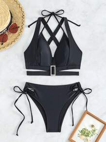 SHEIN Swim Women's Halterneck Lace-Up Bikini Set Summer Beach