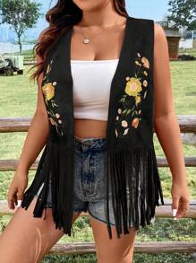 Flirla Plus Size Summer Flower Embroidery Fringe Hem Vest Coat