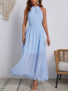 SHEIN VCAY Vestido De Cuello Halter Con Abertura Alta En Color Sólido Y Sexy Para Damas - Celeste - Ver 5
