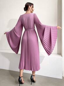 Modelyn Ladies' Super Long Solid Color Pleated Bell Sleeve Dress - Pink - View 2
