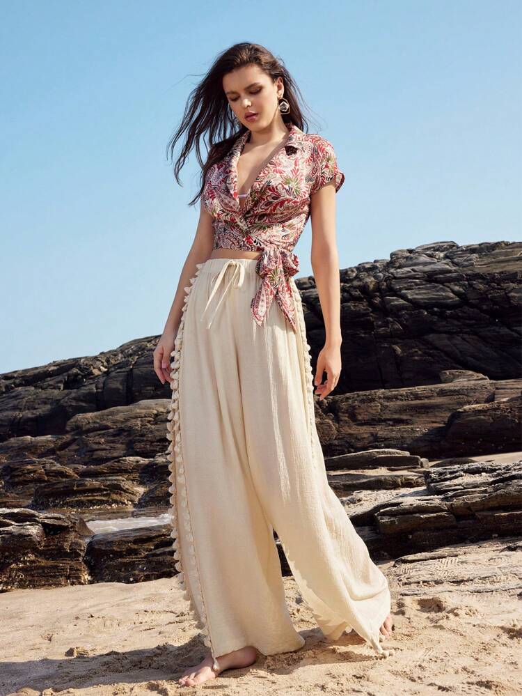 Women's Full-Print Wrap Blouse With Knot Detail And Side Tie Boho Women Clothing